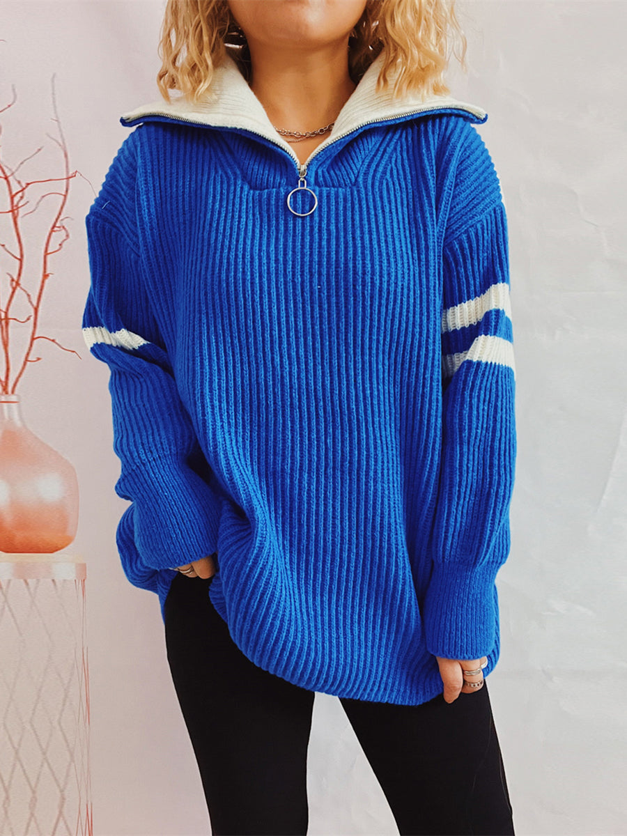 Ribbed Two-Tone Half Zip Sweater Royal Blue - Fashorio