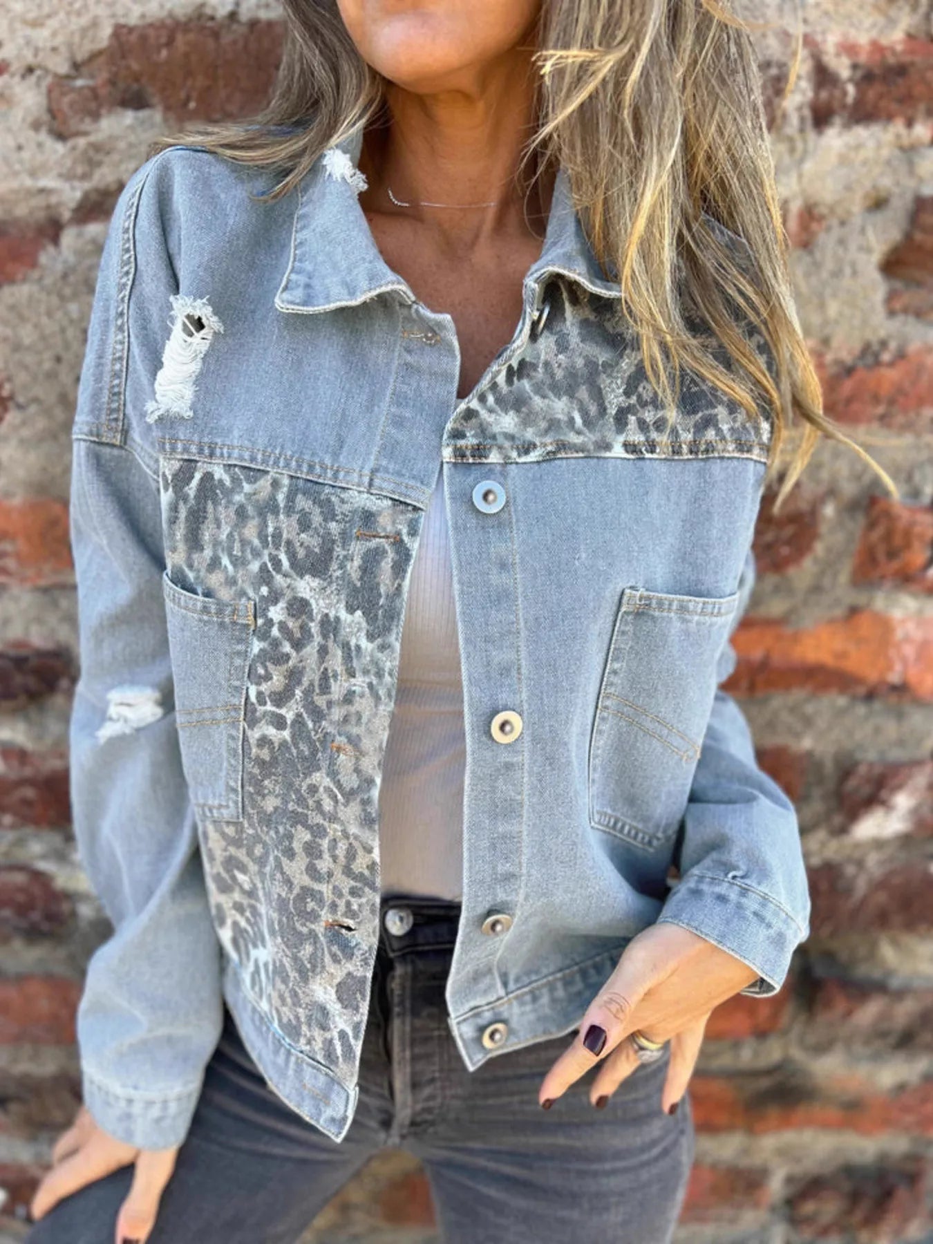 Full Size Leopard Button Up Denim Jacket Plus Size Light Blue - Fashorio