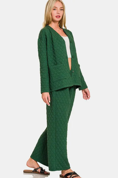 Zenana Quilted Button Up Long Sleeve Top and Pants Lounge Set - Fashorio