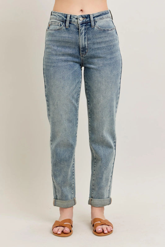 Judy Blue Full Size Hw Vintage Wash Double Roll Cuff Bf Jeans Plus Size MD - Fashorio