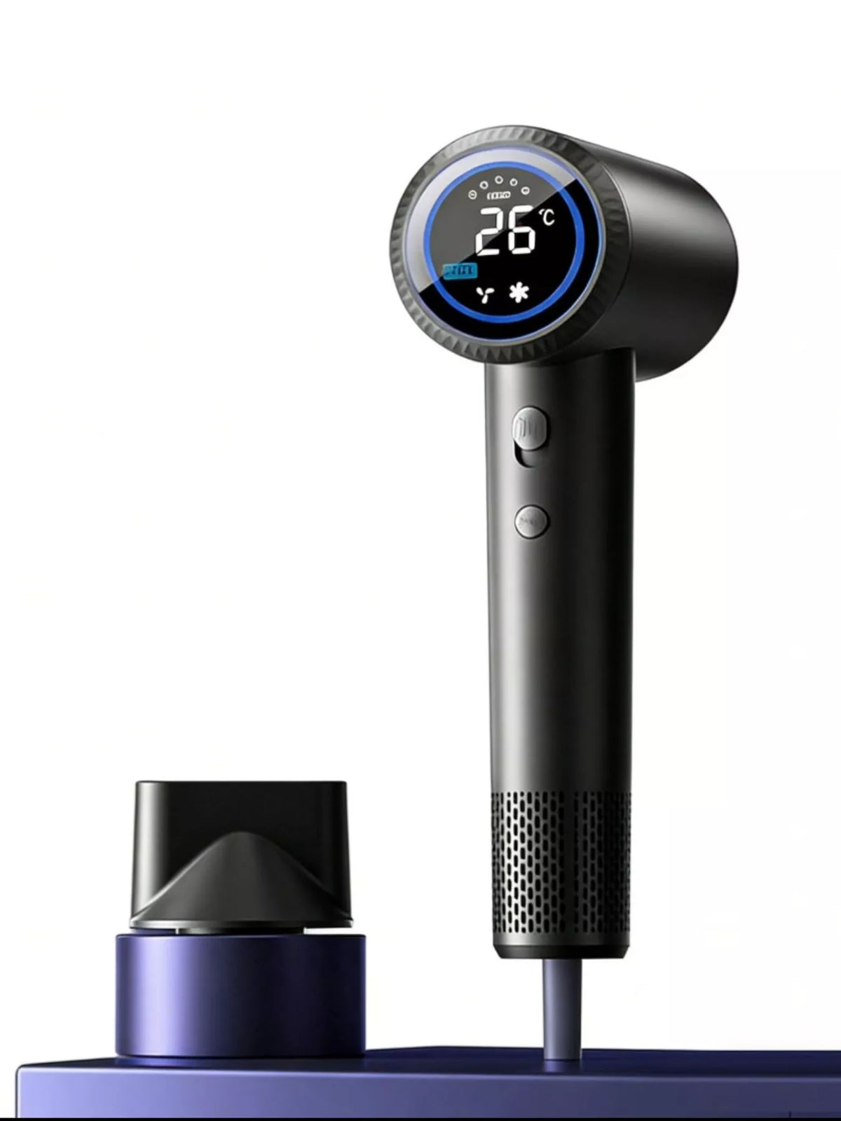 Hair dryer controls and blue light detail