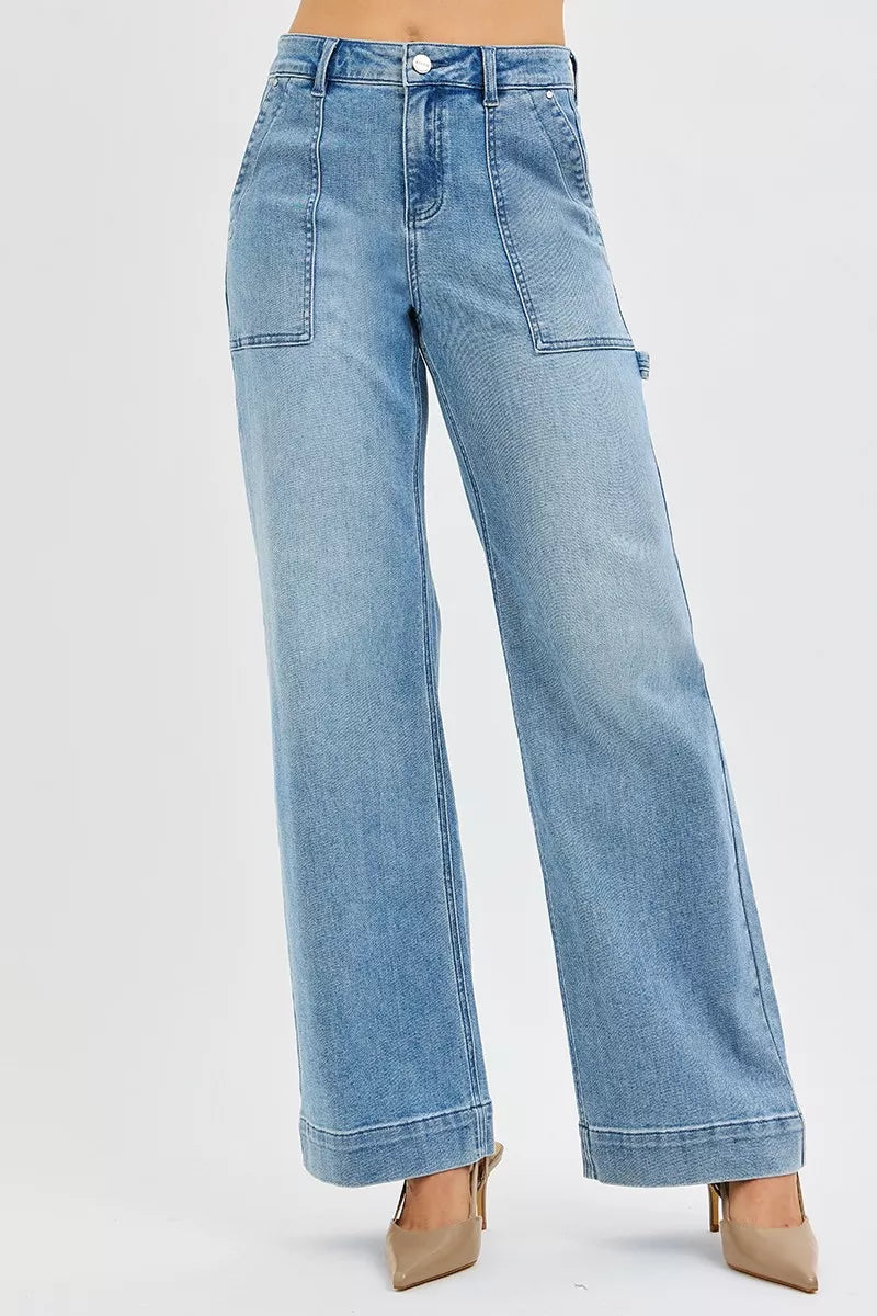 RISEN high rise straight leg jeans in medium wash front view