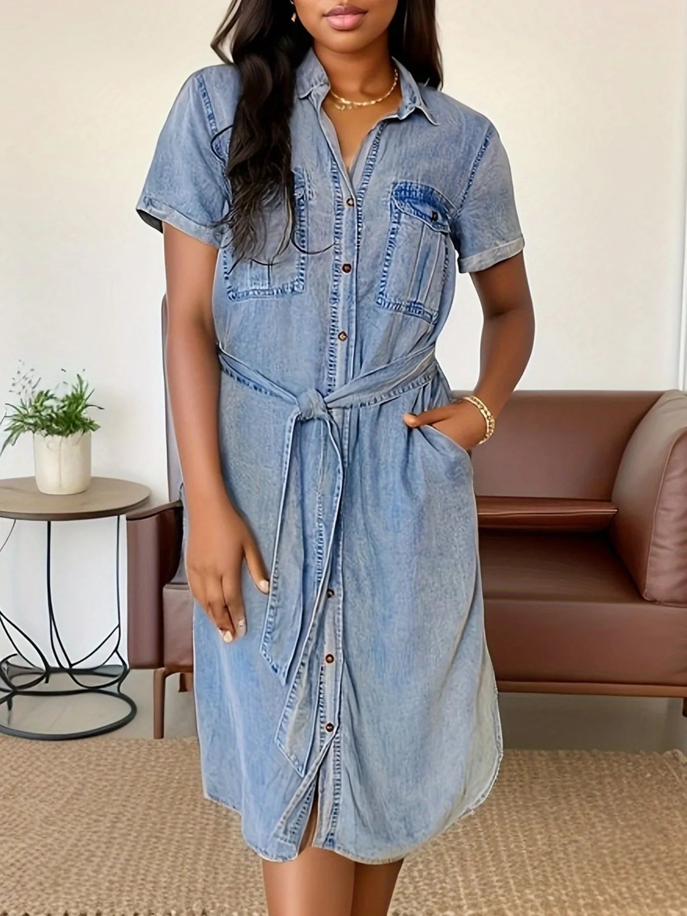Button Front Short Sleeve Denim Dress - Fashorio