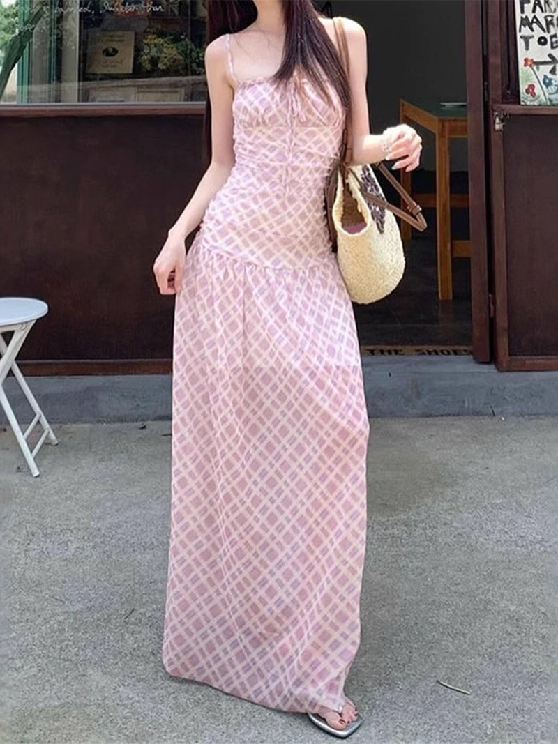 pink plaid spaghetti strap maxi dress front view