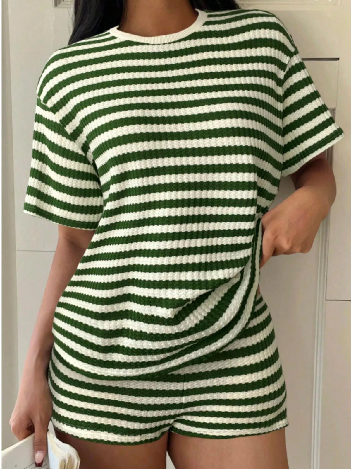 Striped round neck coordinated set detail