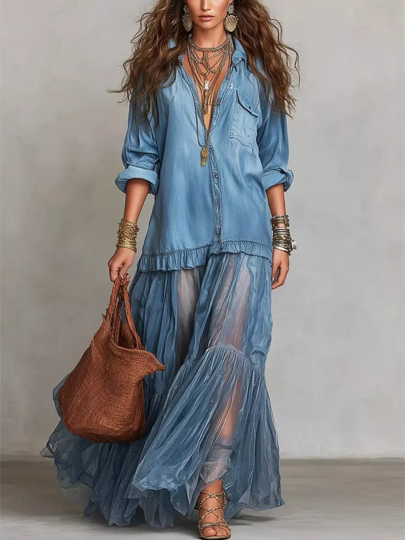 Long sleeve sheer ruffle tiered maxi dress front view