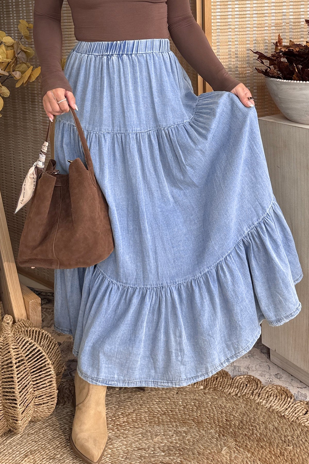 Styled ruffled tiered denim maxi skirt outfit