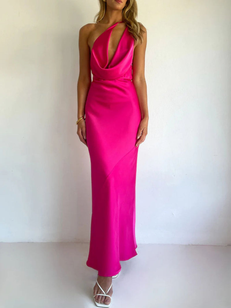 Halter neck satin maxi dress front view