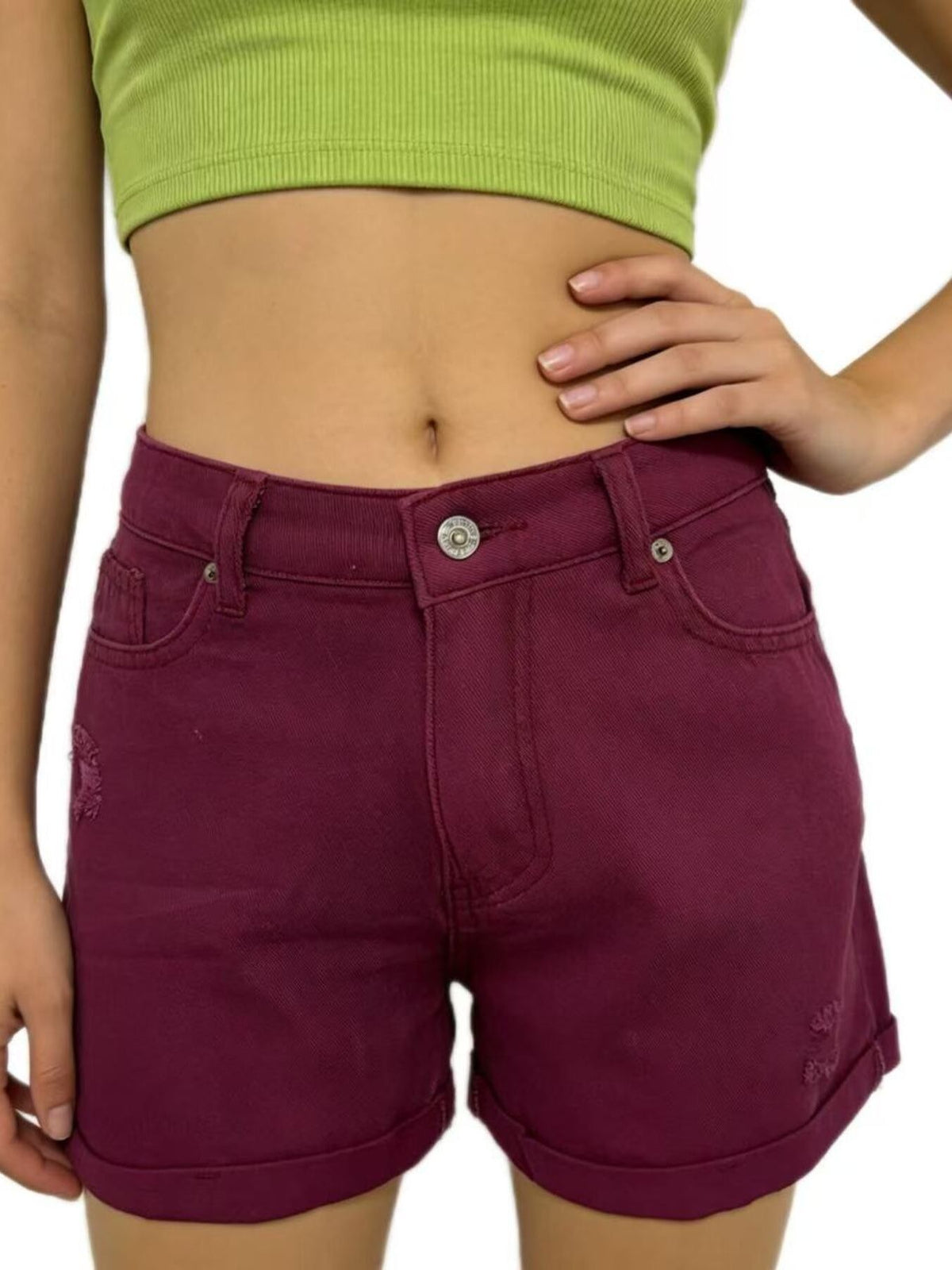 Ripped high waisted denim shorts flat lay view