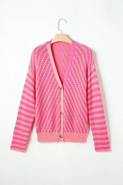 Striped V-Neck Button Up Cardigan - Fashorio