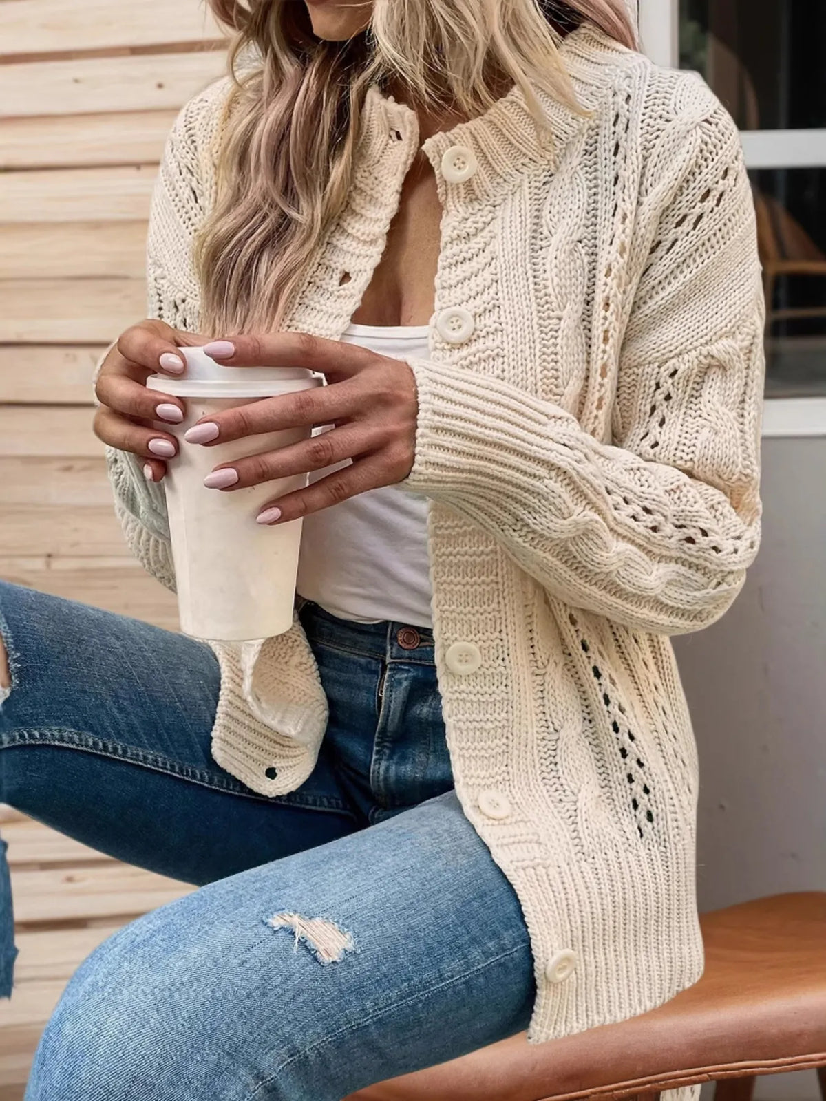Cable knit belted button front cardigan, knit detail