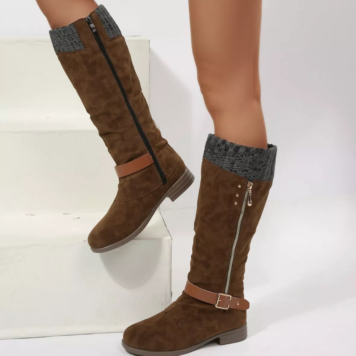 Black round toe block heels boots front facing view