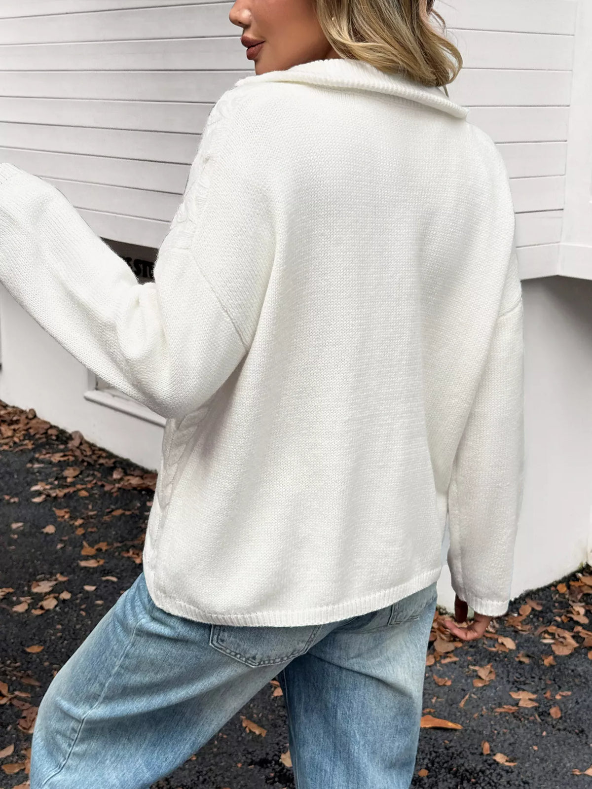 Zip collar cable knit sweater styled outfit view