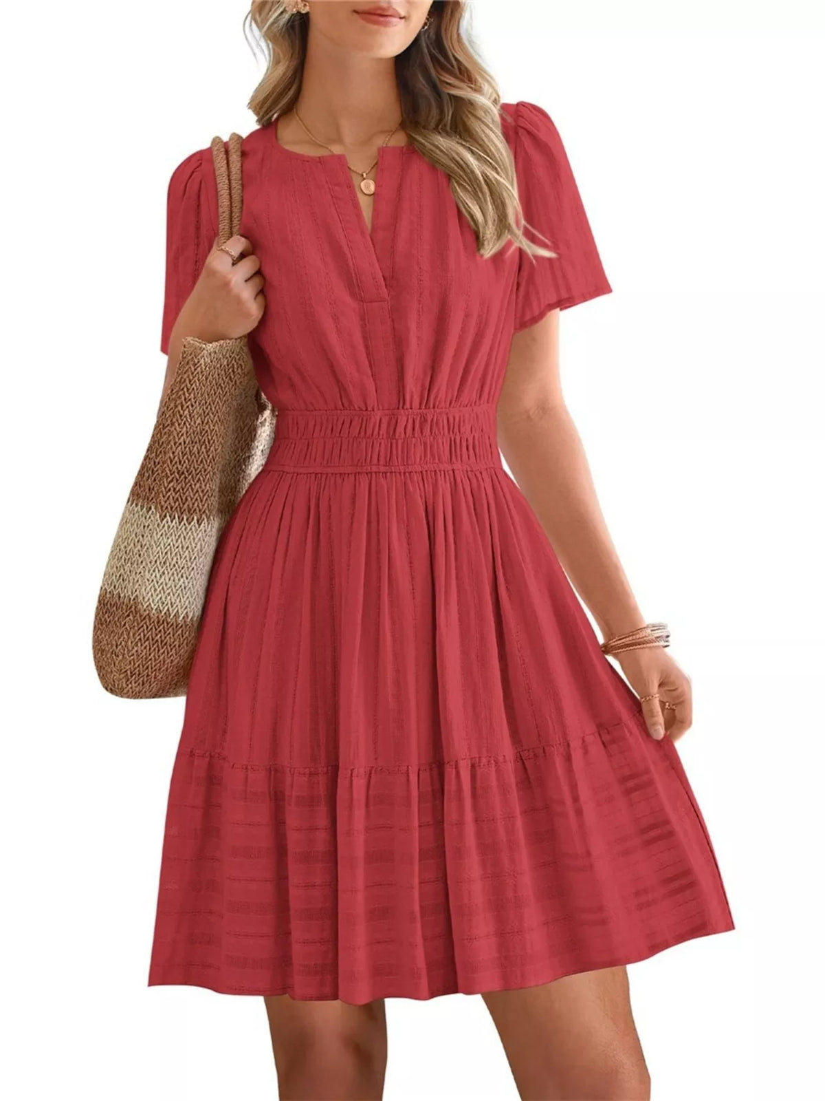 Short sleeve smocked waist tiered midi dress detail view