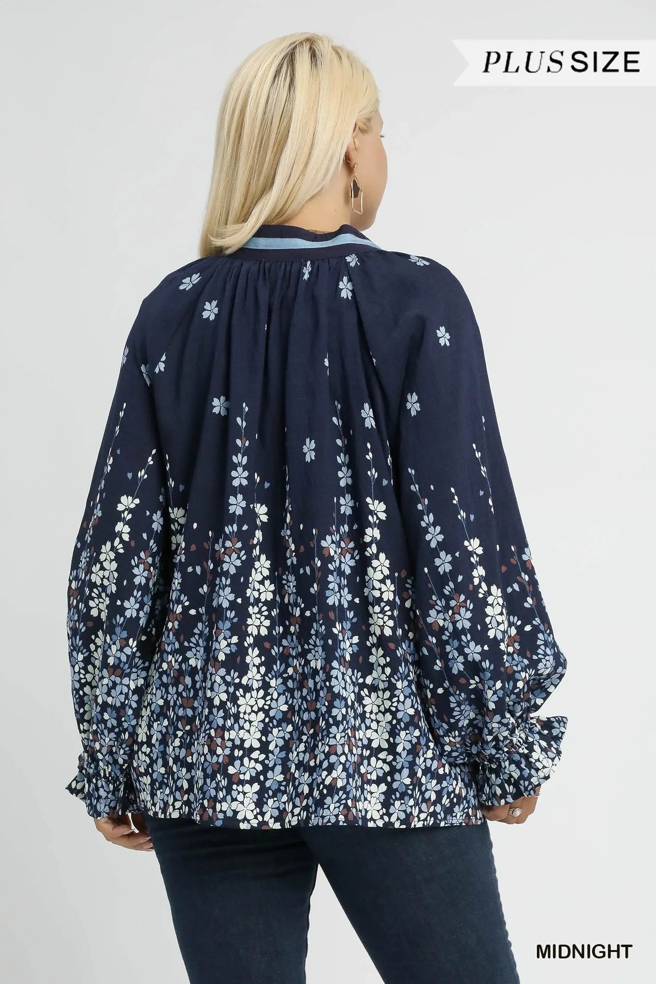 Umgee Full Size Floral Vine Print Blouse with Balloon Sleeves Plus Size - Fashorio