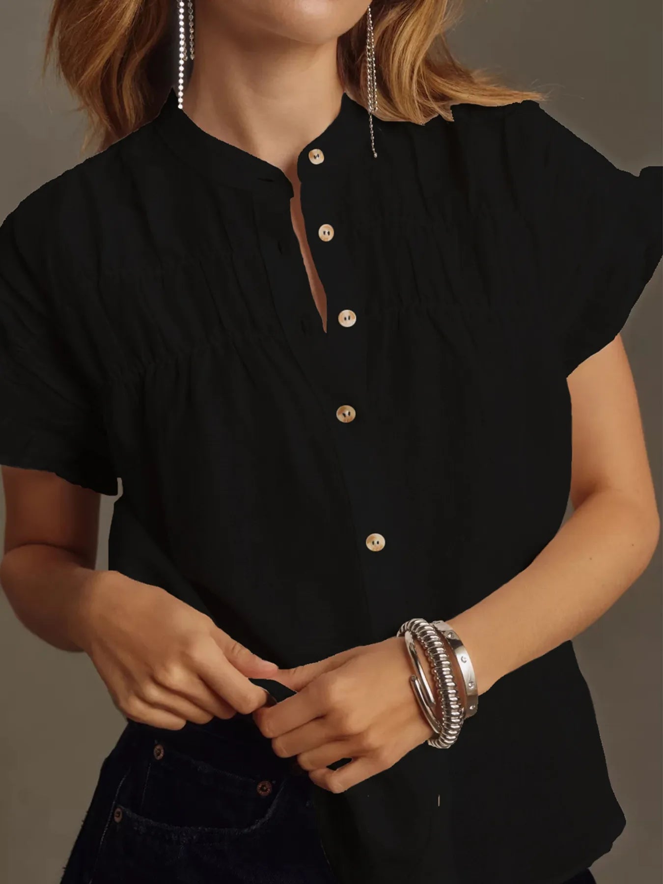 Ruffled Short Sleeve Button Up Shirt - Fashorio