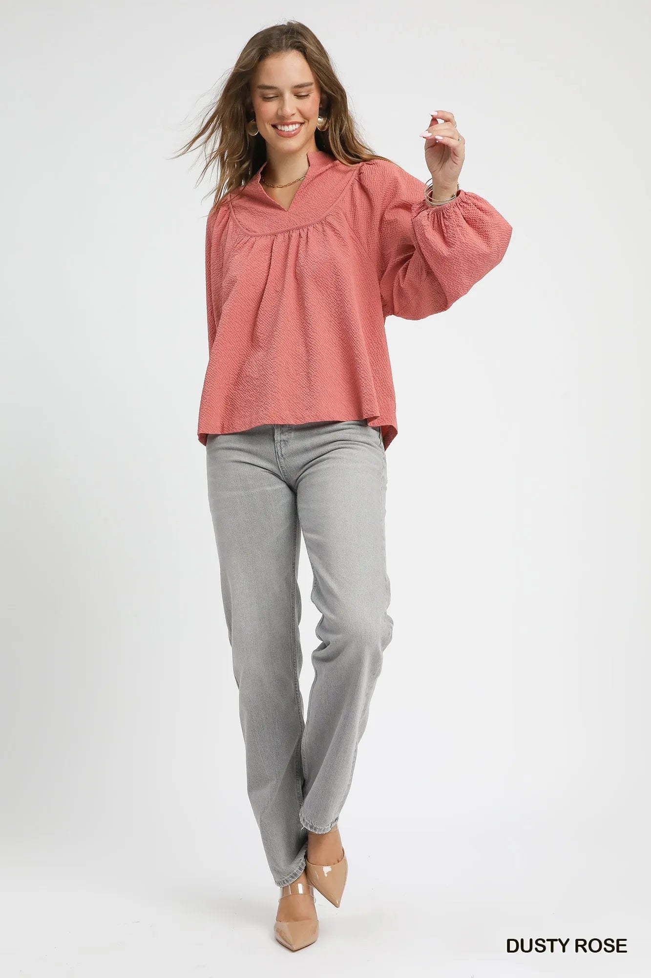 Umgee Textured Notched Blouse with Balloon Sleeves - Fashorio