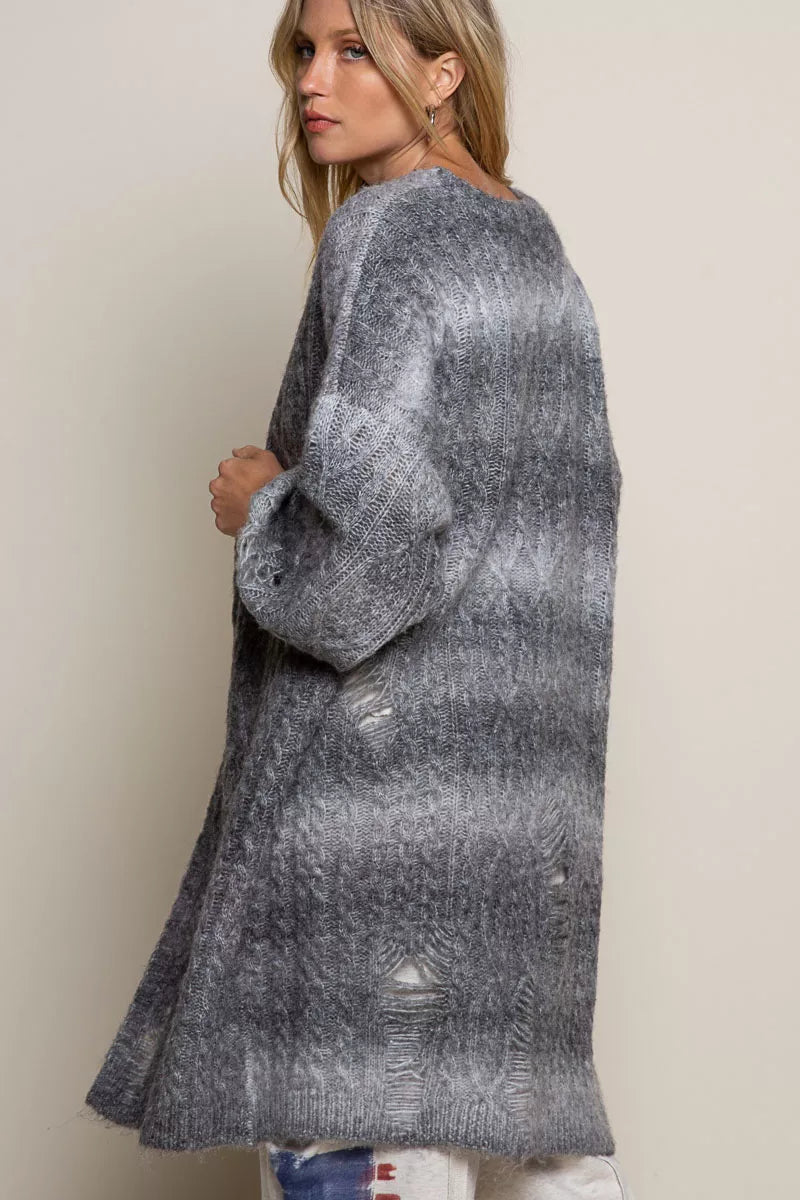 POL Distressed Cable-Knit Ombre Dying Cardigan - Fashorio