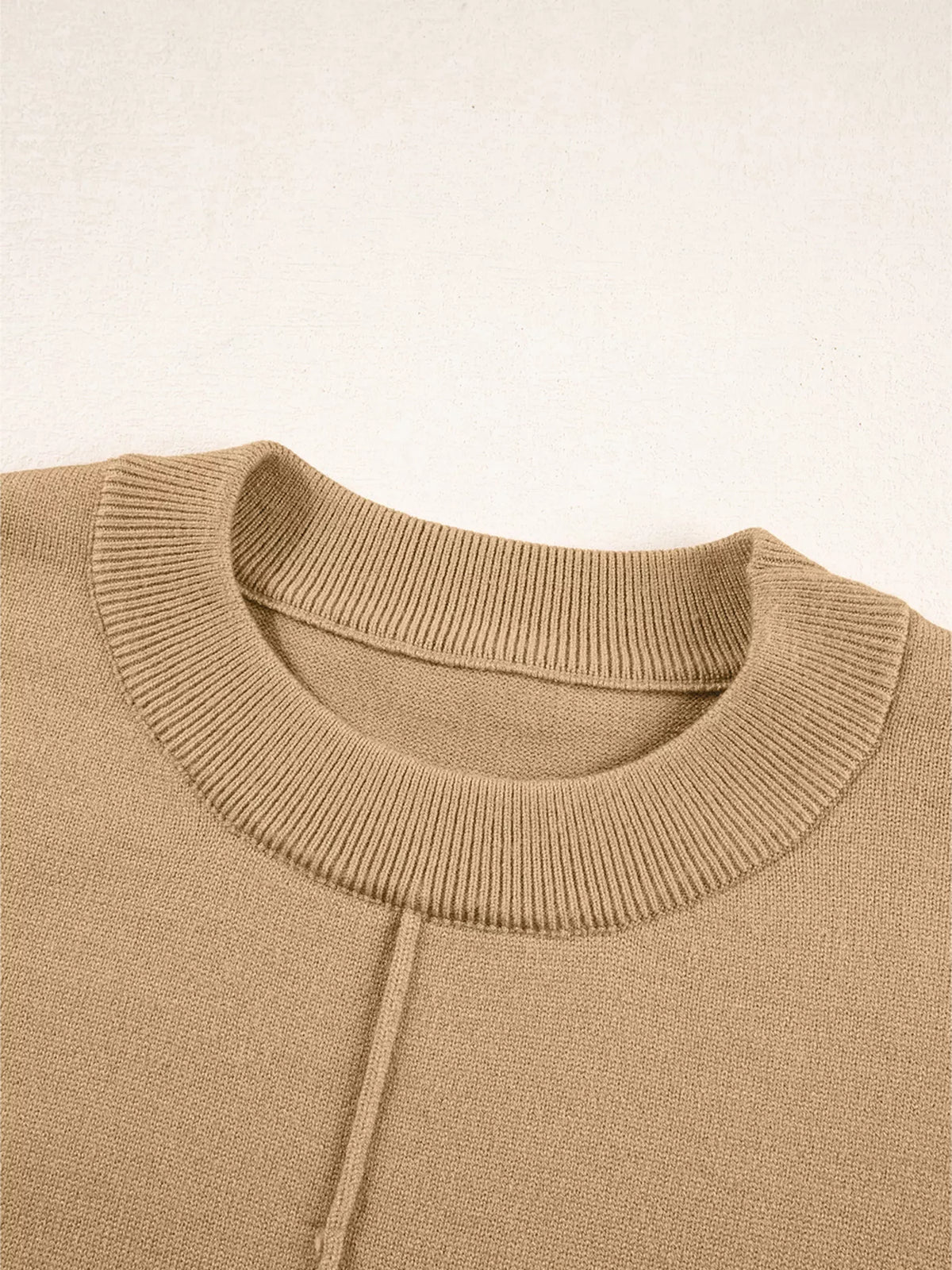 center seam drop shoulder pullover sweater camel shoulder detail
