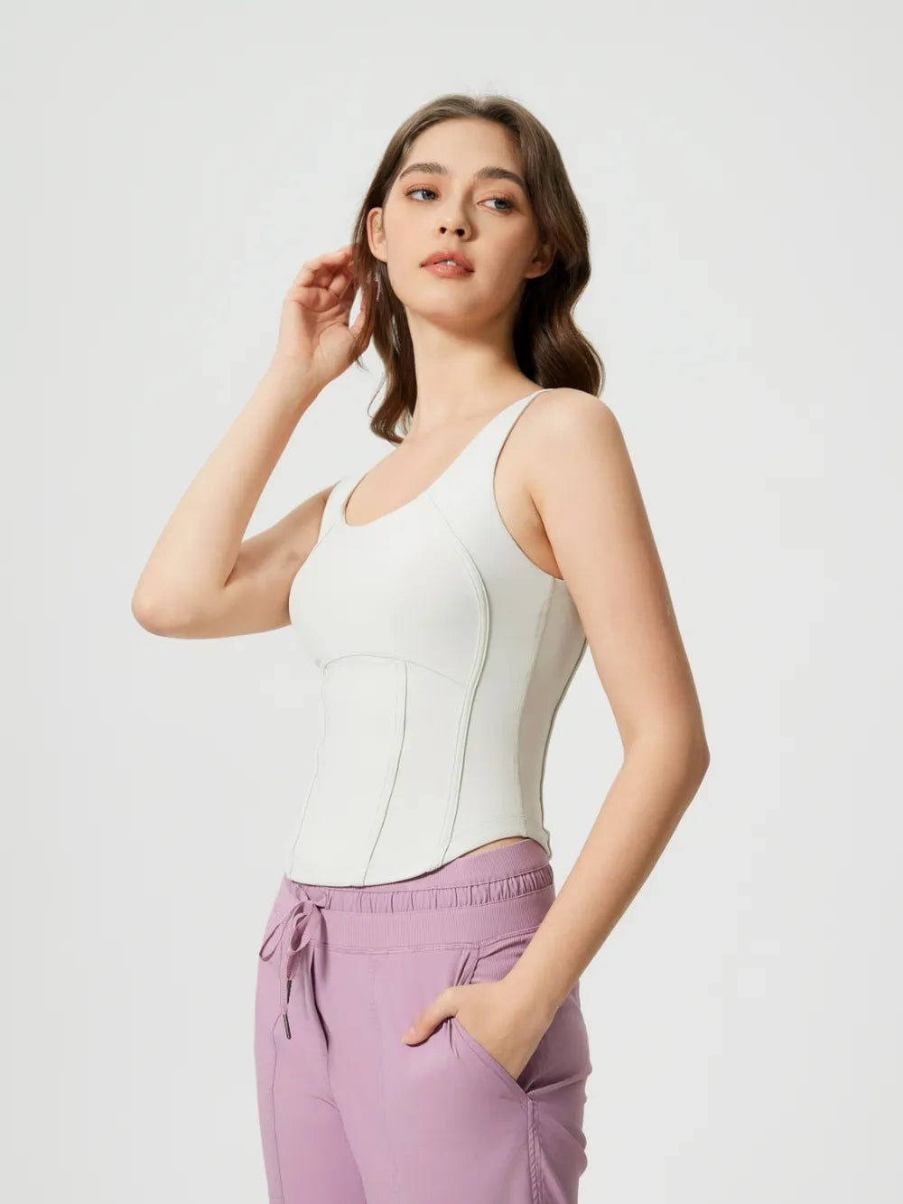 Round neck wide strap padded active tank side view