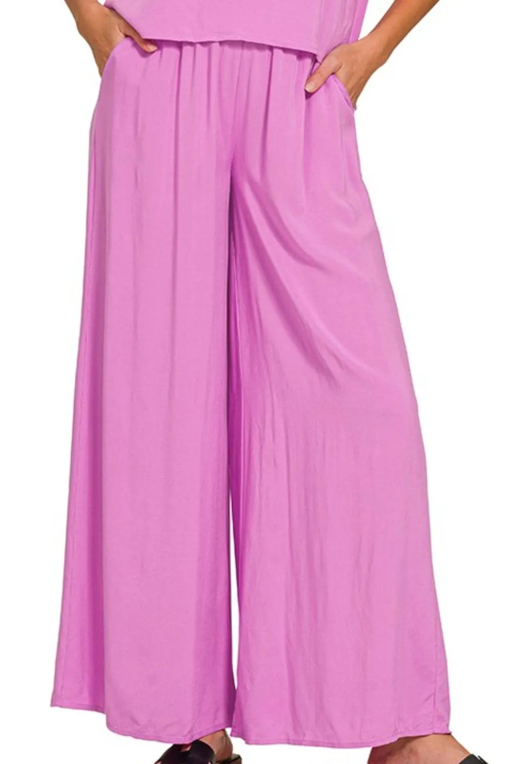 Zenana Round Neck T-Shirt and Wide Leg Pants Set - Fashorio