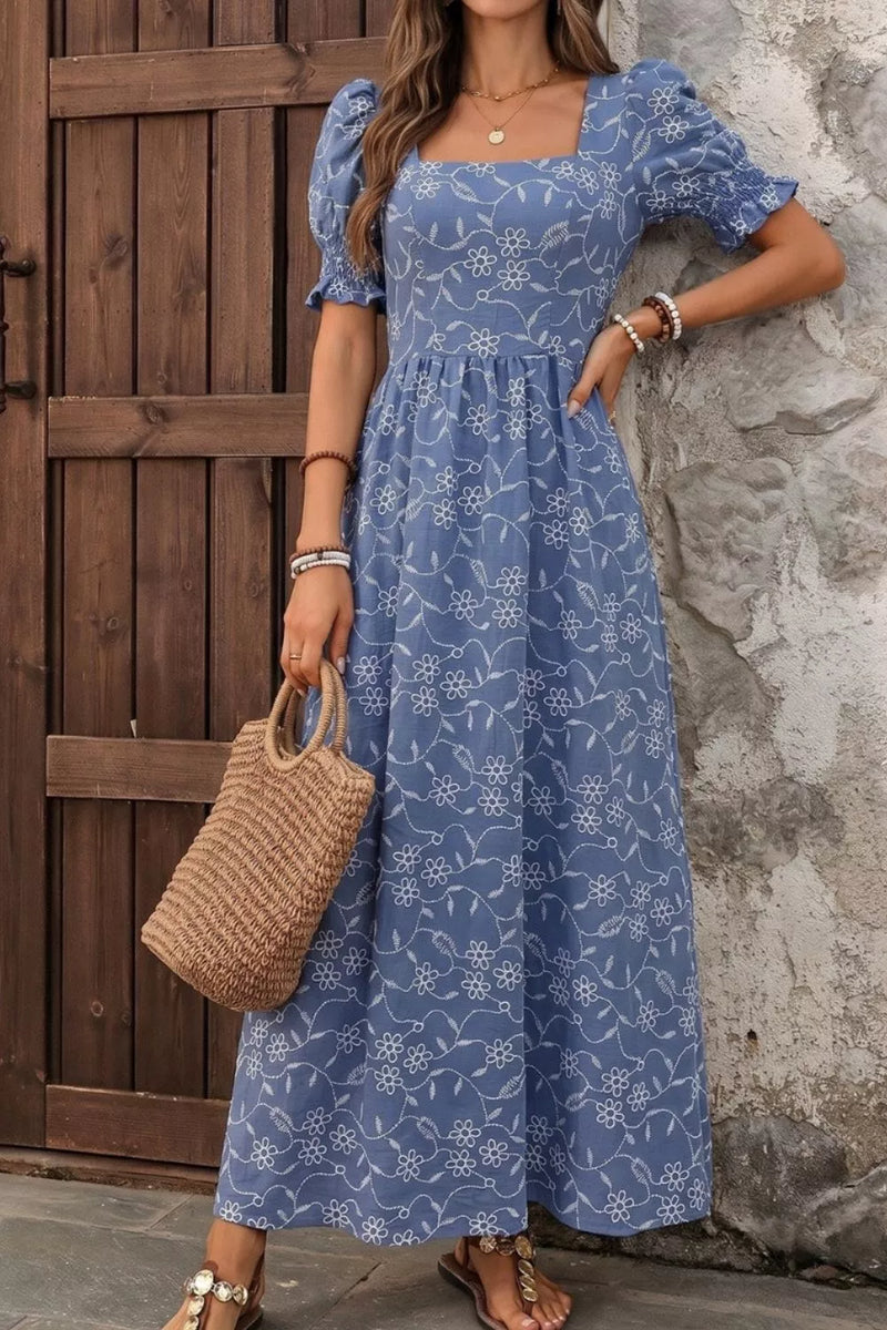 Dusty blue square neck puff sleeve maxi dress front view