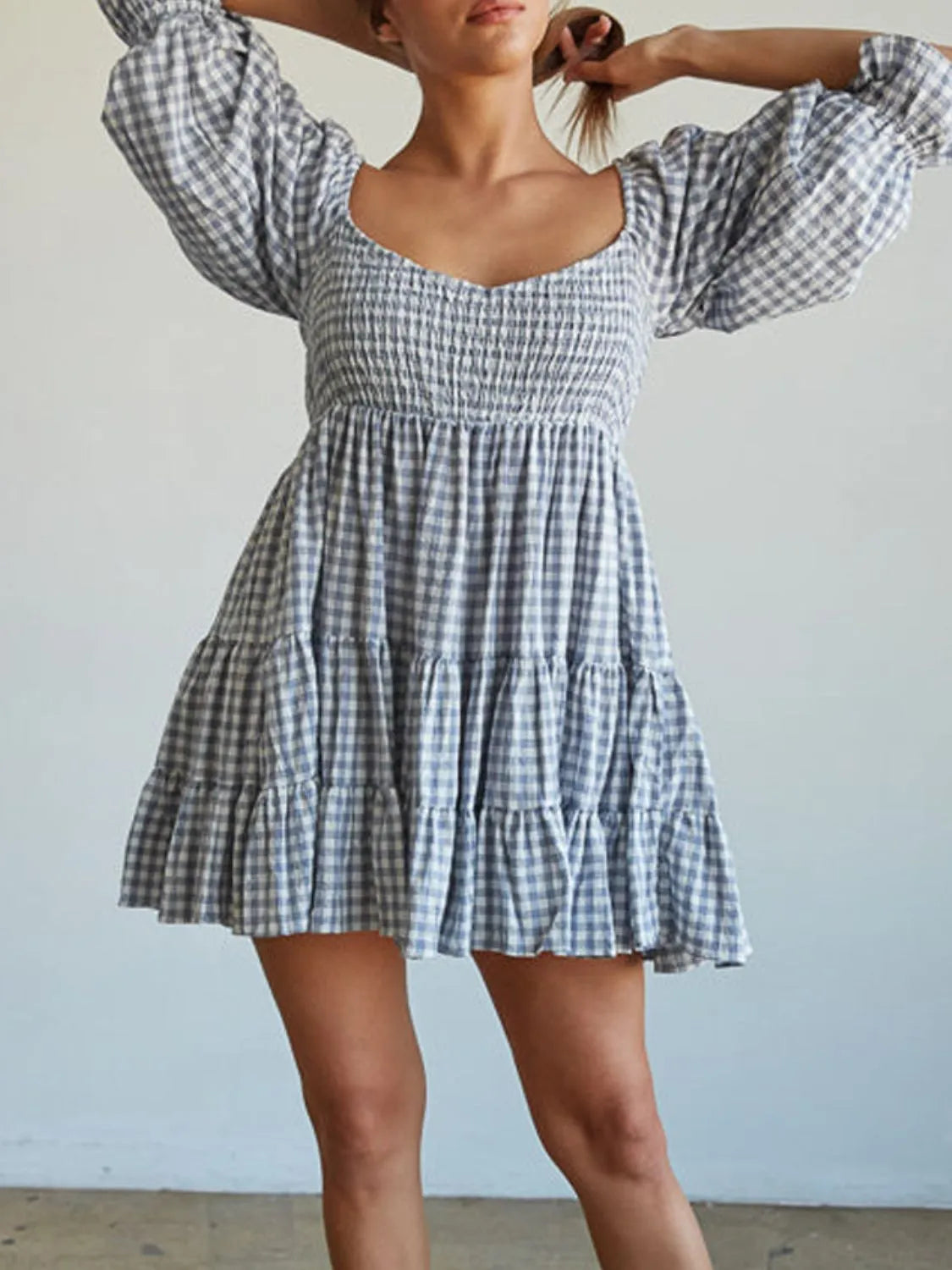Ruffle Hem Plaid Mini Dress in Light Blue side view