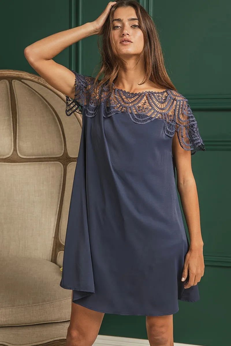 Crochet Lace Yoke Dress in Deep Navy back view