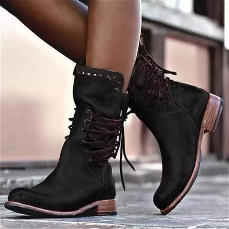 Lace up block heel boots front view