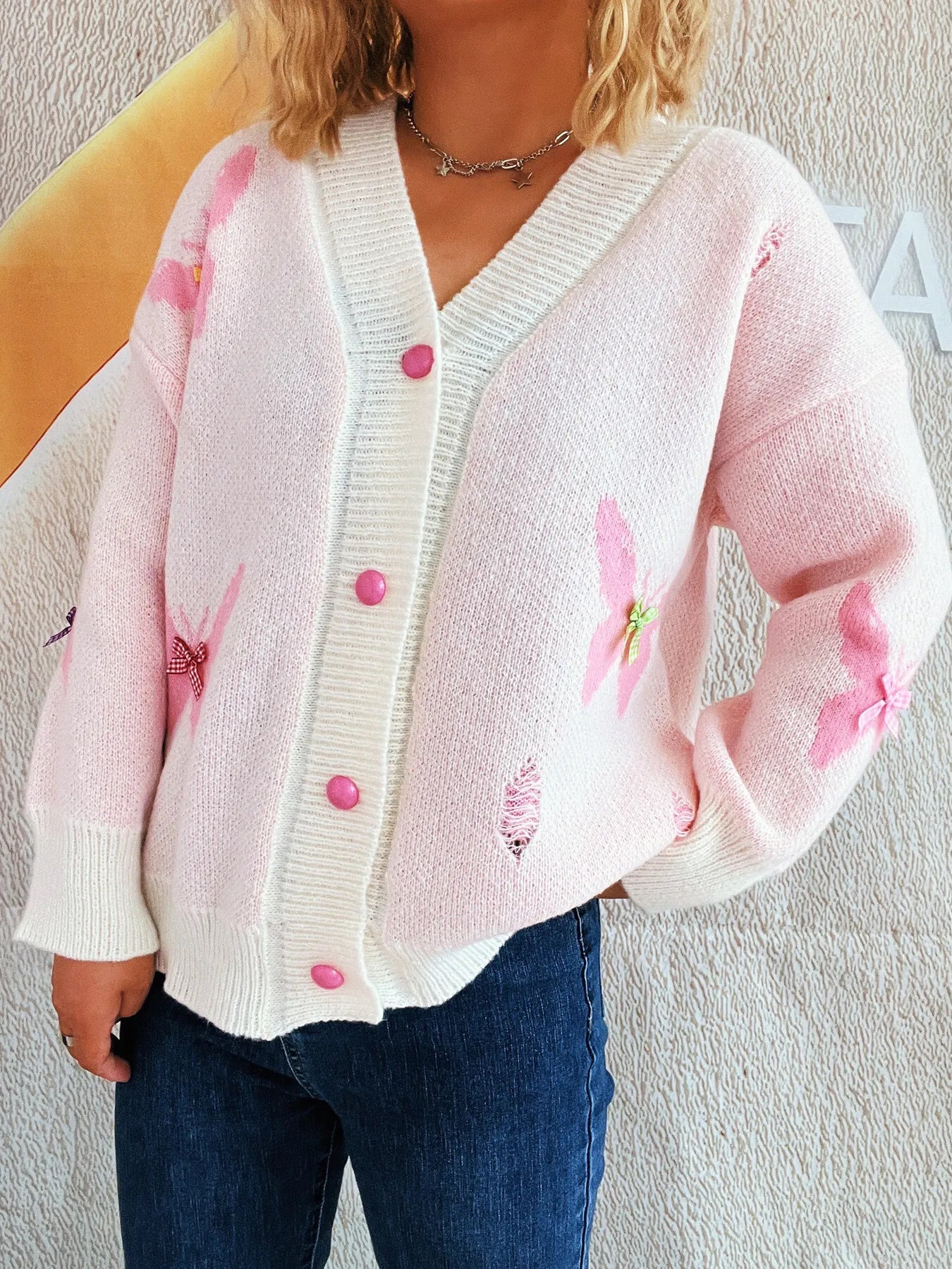 Butterfly Button Up Long Sleeve Cardigan White One Size - Fashorio