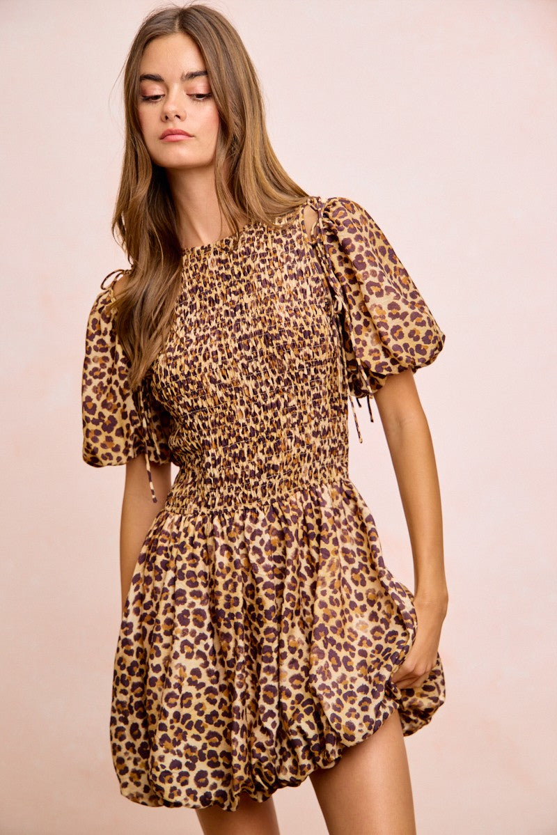 Leopard Bow Tie Attachable Puff Sleeves Dress view 13