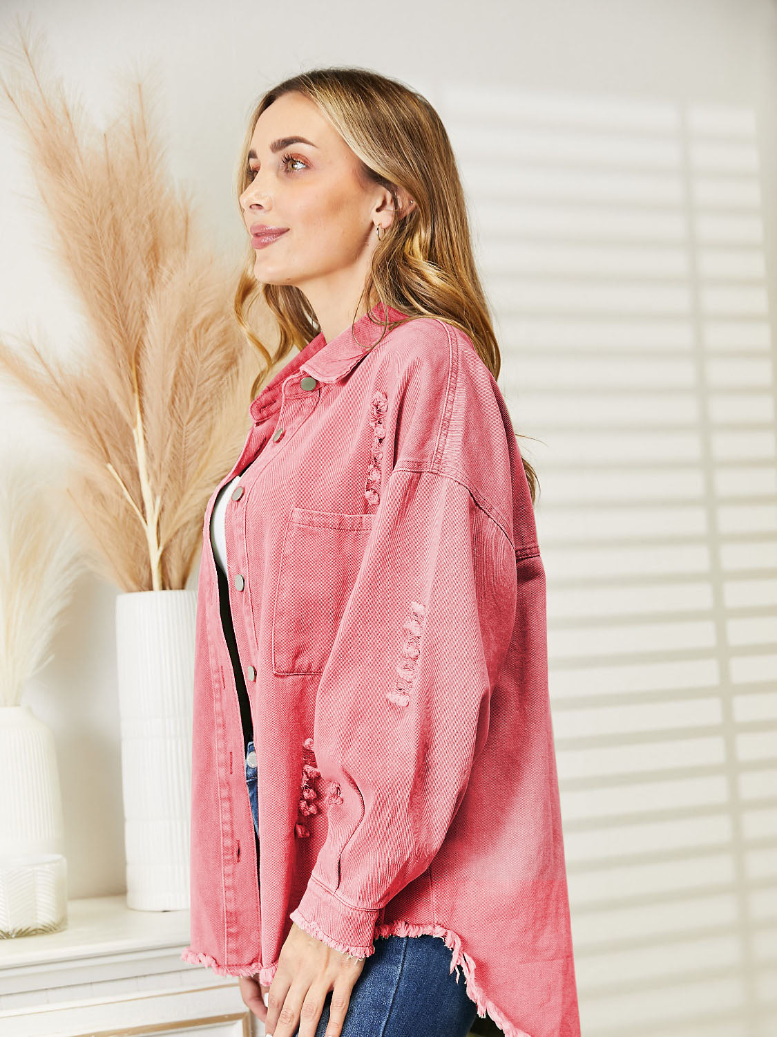 Distressed Raw Hem Denim Jacket - Fashorio