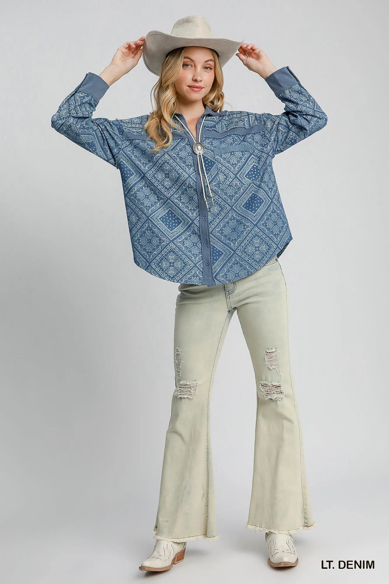 Umgee Paisley Print Denim Shirt Jacket - Fashorio