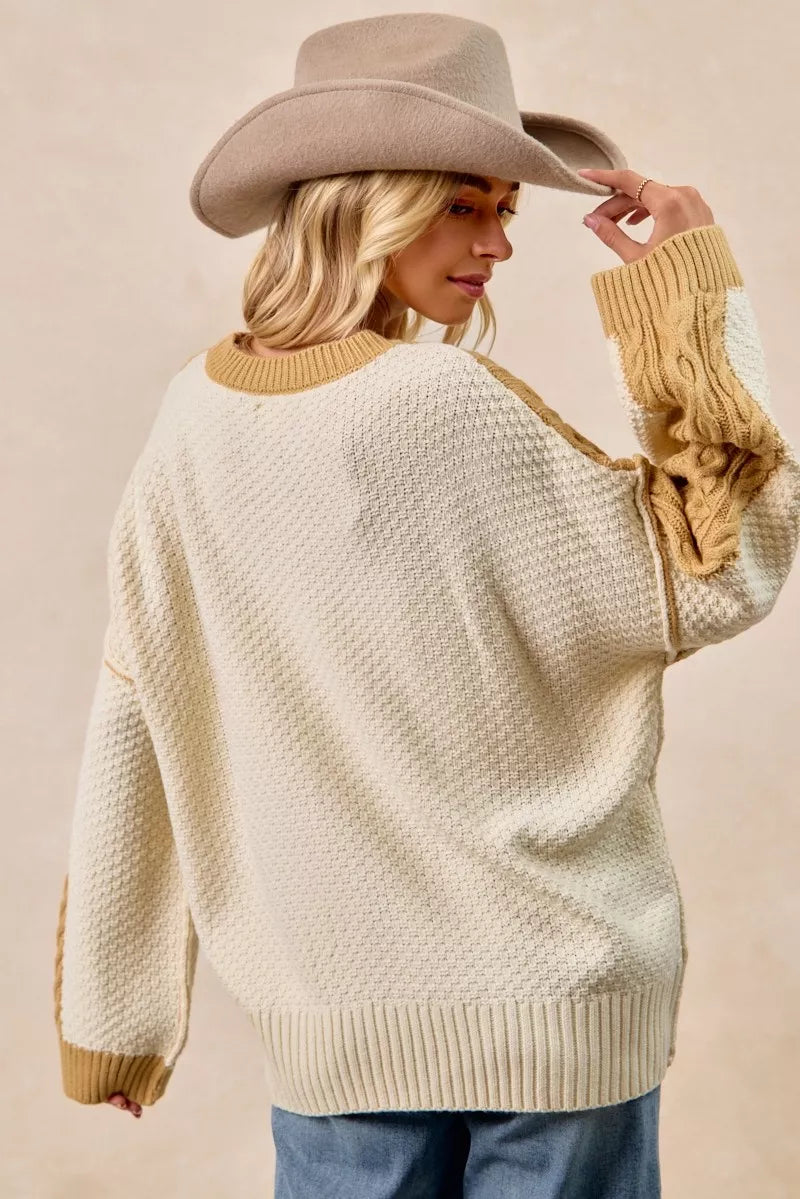 Cable Knit Uneven Hem Sweater in Mustard and Ivory view 8