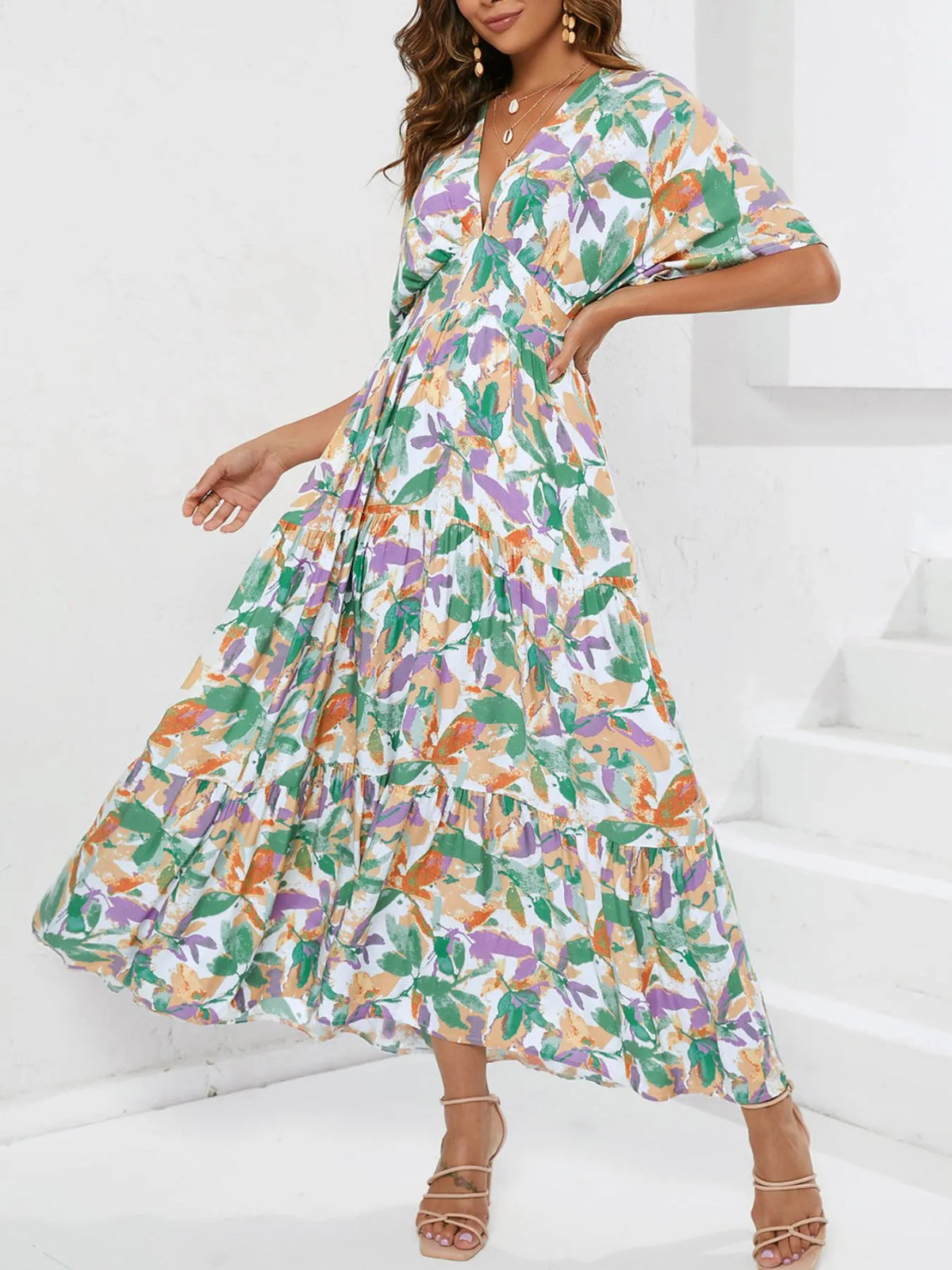 Floral print V-neck boho midi dress front view