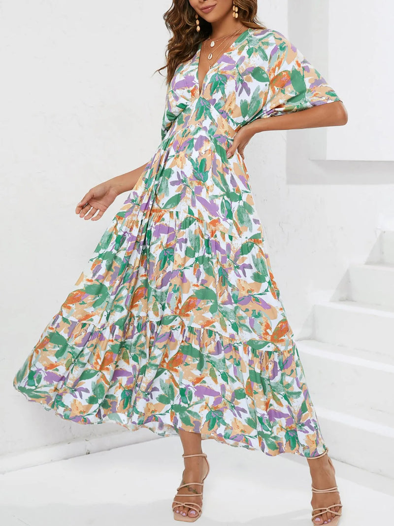 Floral print V-neck boho midi dress front view