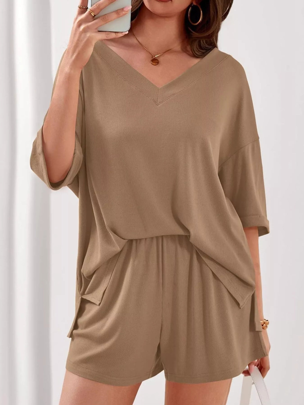 V neck top and shorts two piece set front view
