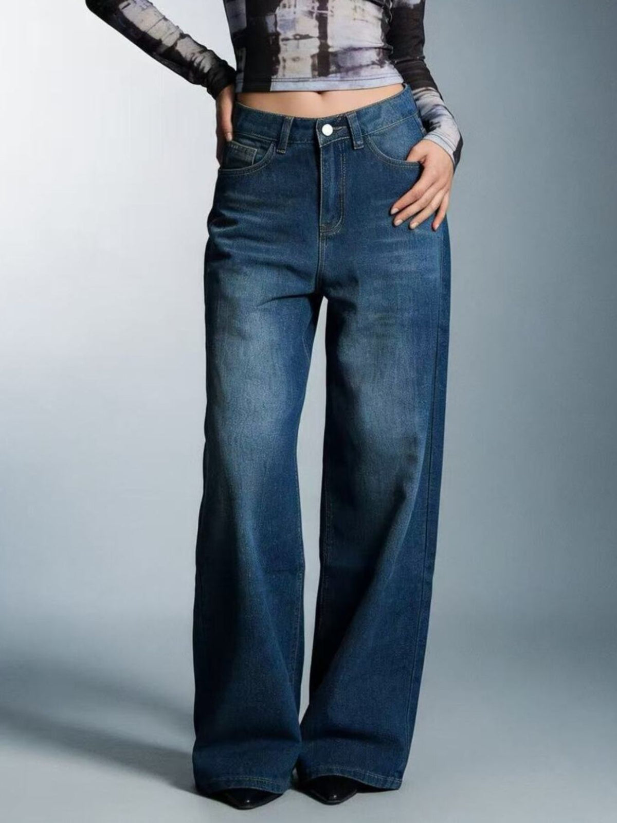 Wide leg jeans showing full breezy leg