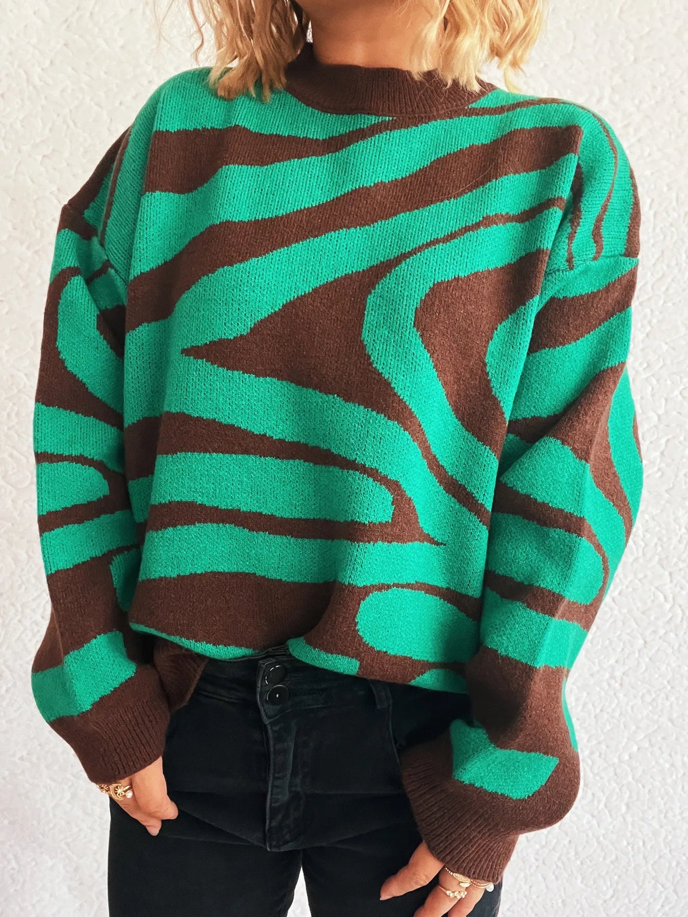 Zebra Print Round Neck Sweater - Fashorio