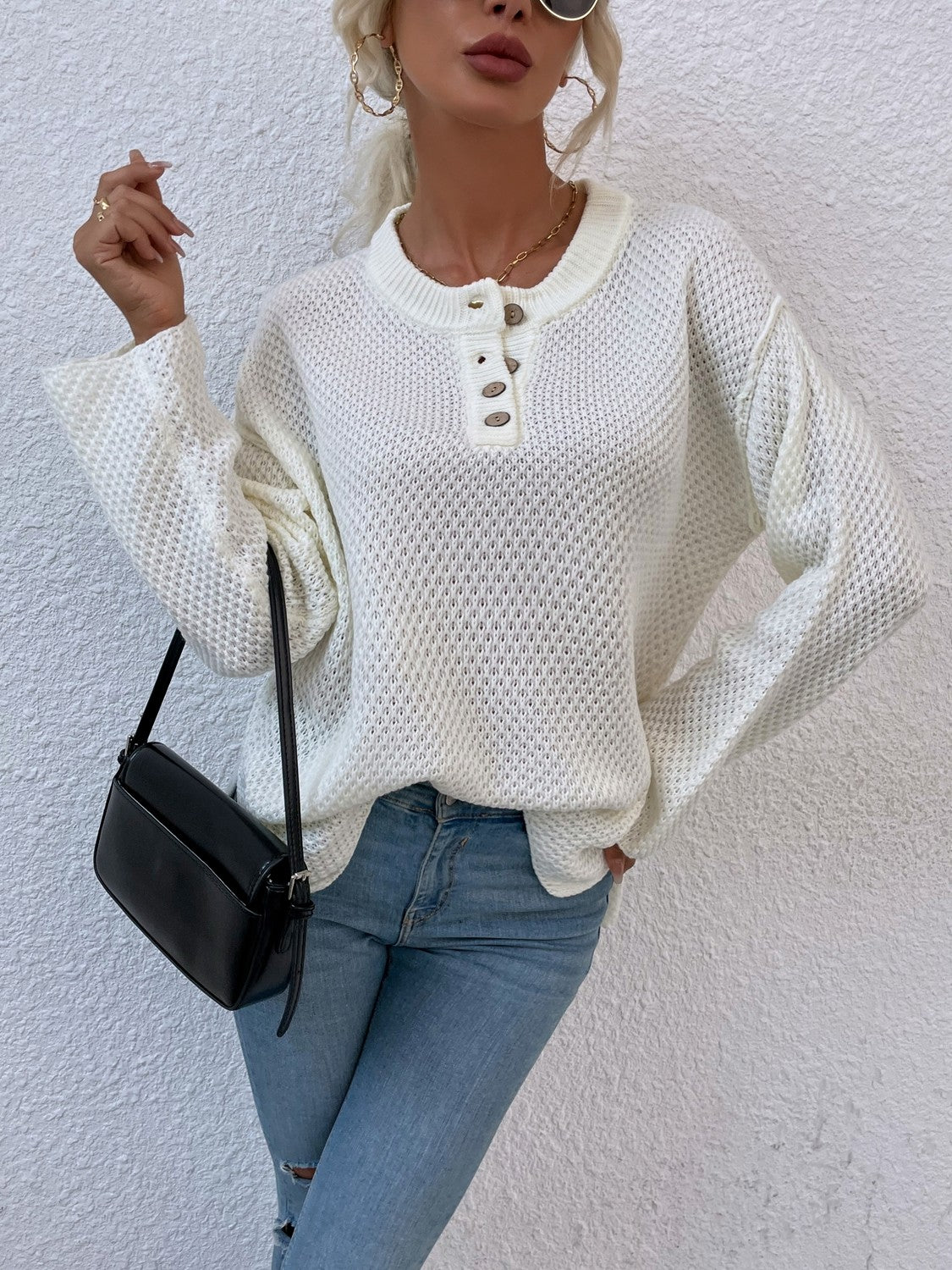Quarter-Button Slit Sweater - Fashorio