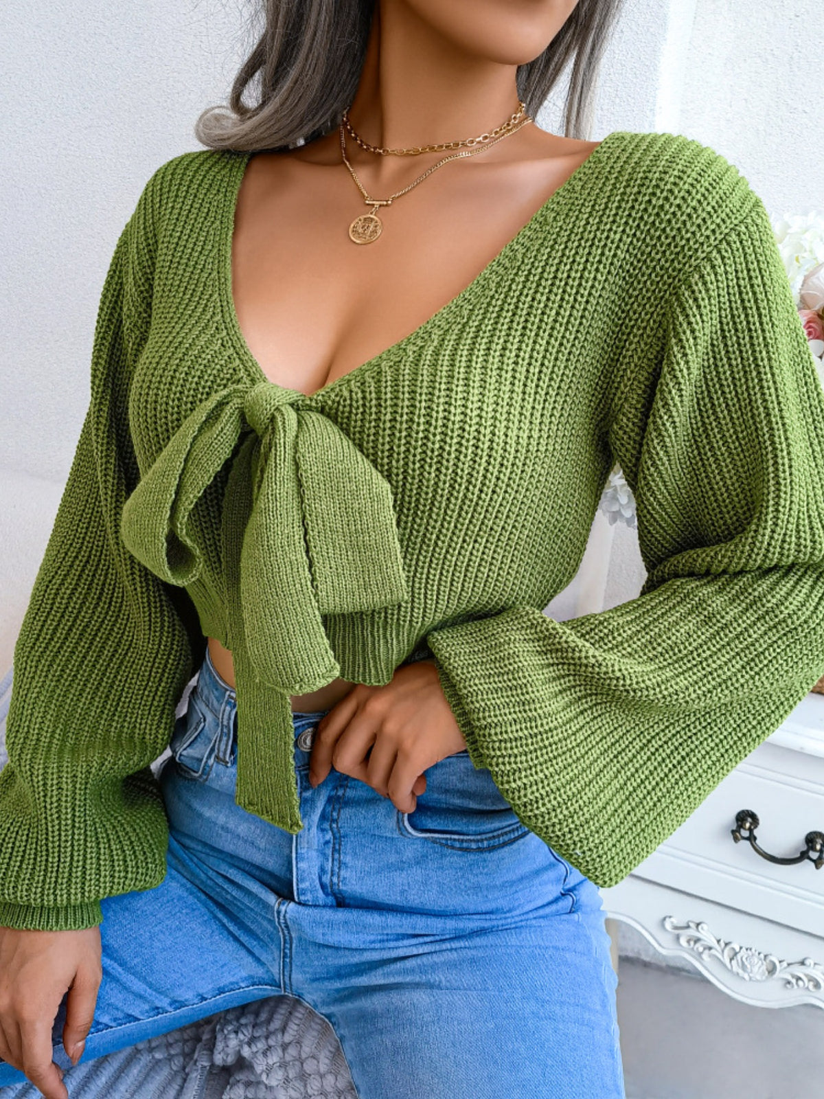 Matcha green tie front sweater