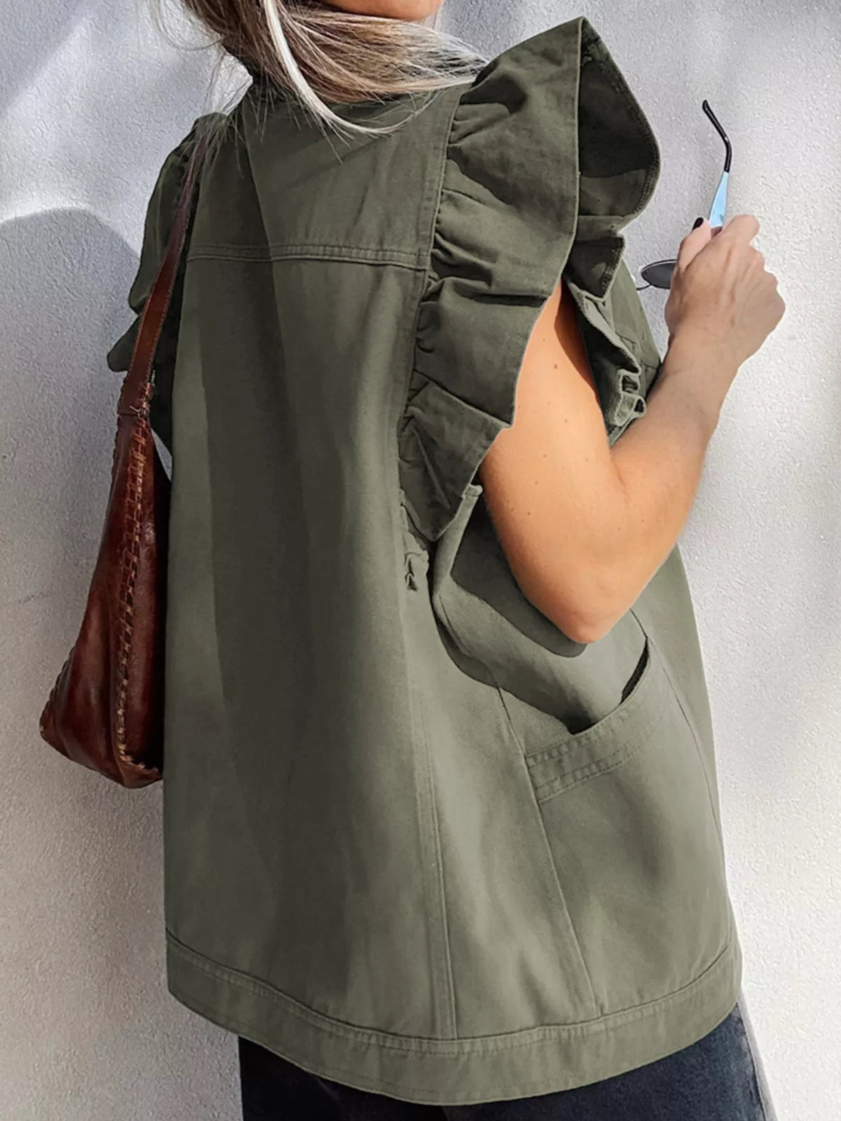 Ruffled Patchwork Denim Vest in Army Green back view