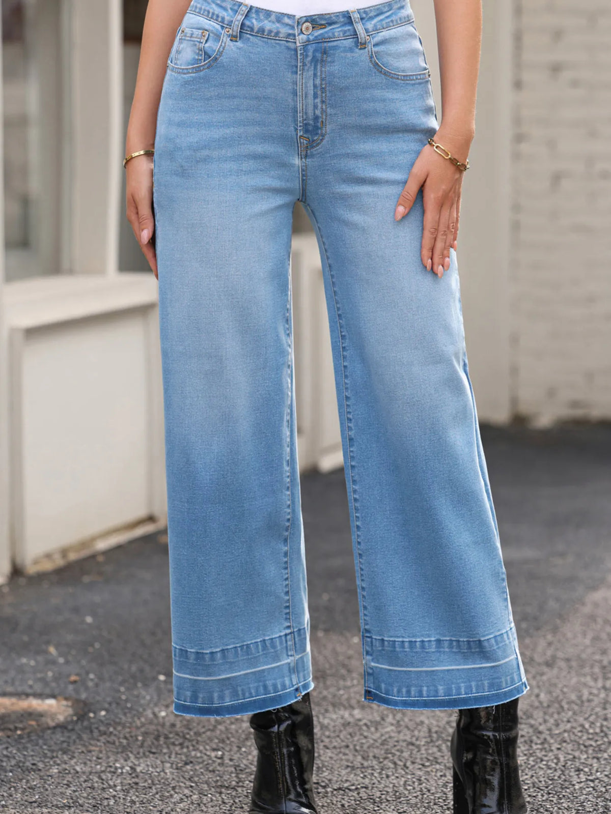 Light blue high waist wide leg jeans