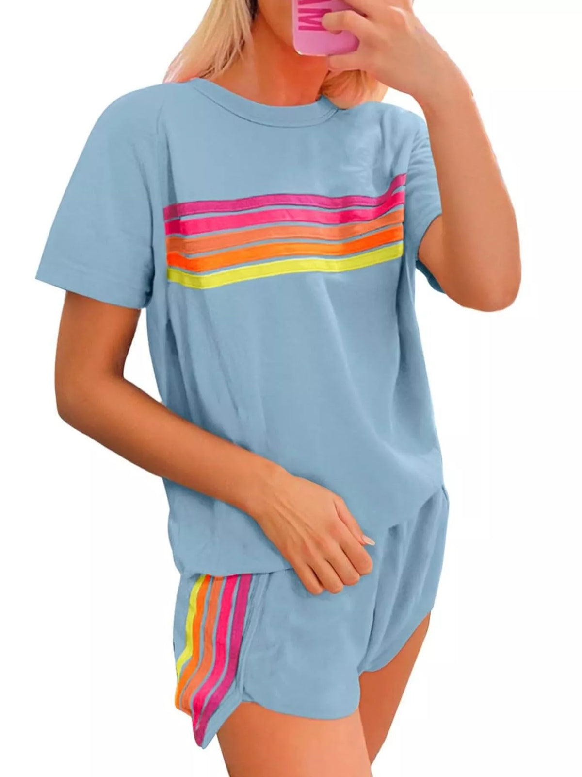 Rainbow striped top and shorts set styled outfit