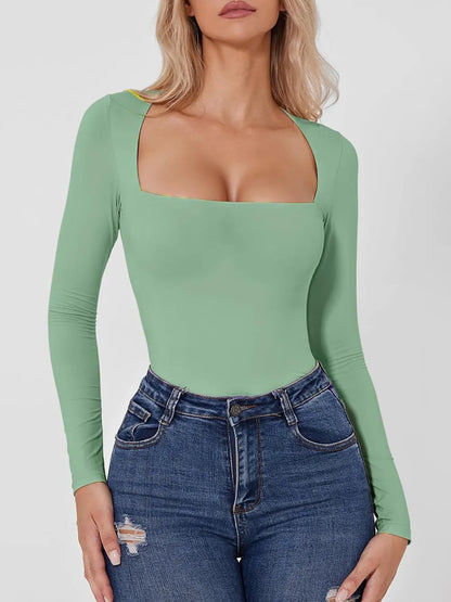 Square Neck Long Sleeve Bodysuit Gum Leaf - Fashorio