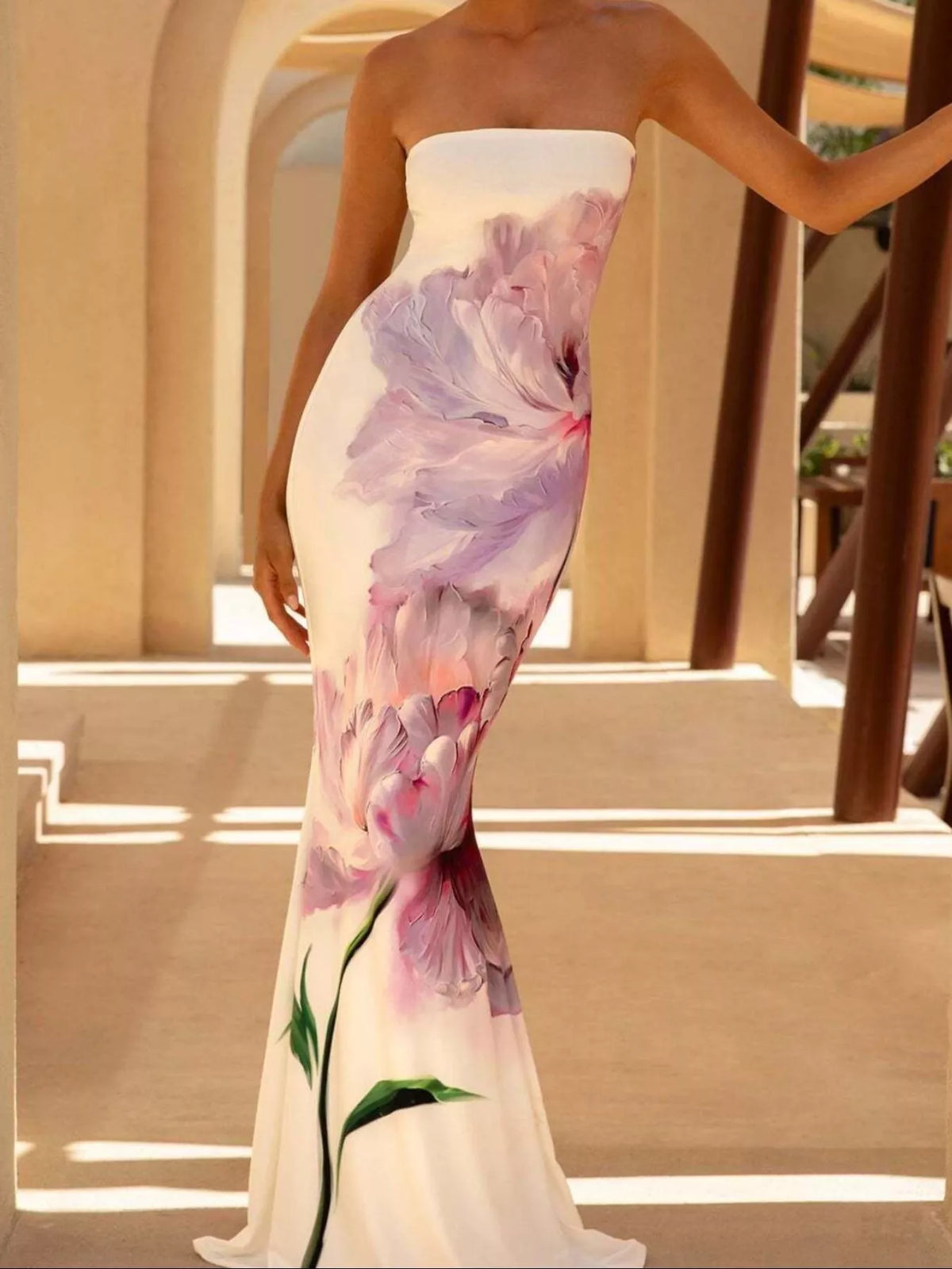 strapless tube bodycon maxi dress side view