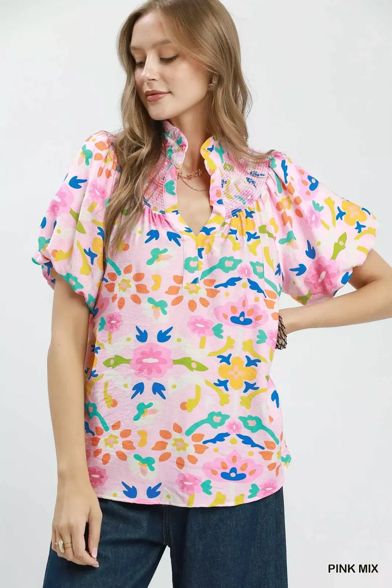 Pink folk art floral print puff sleeve top front view