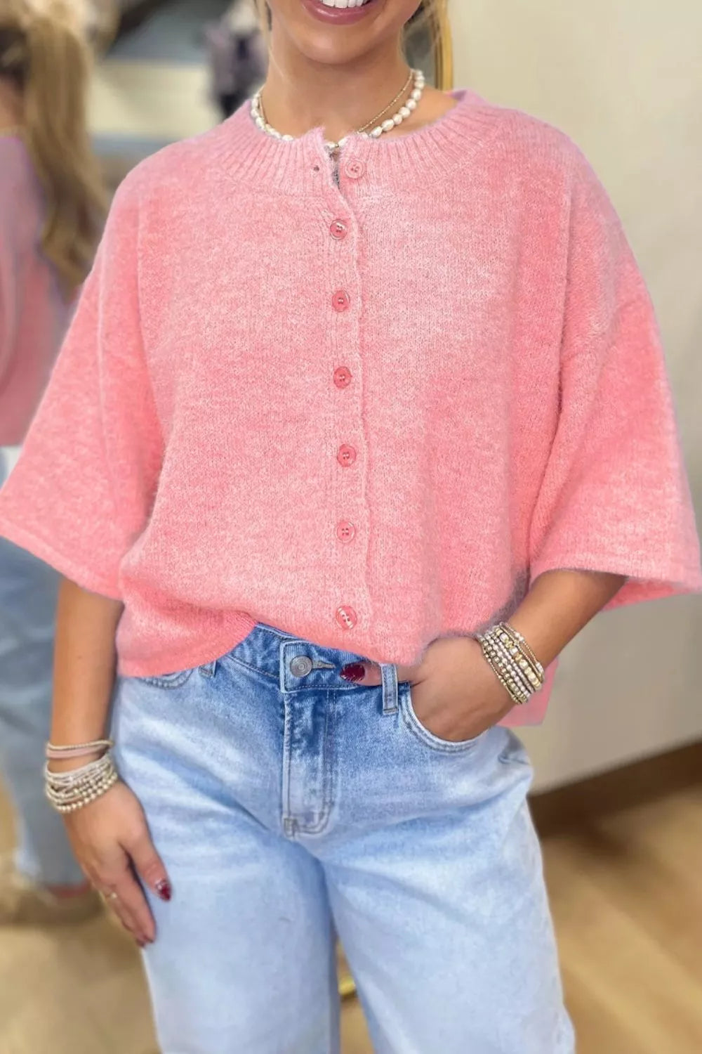 Button down boxy cardigan detail
