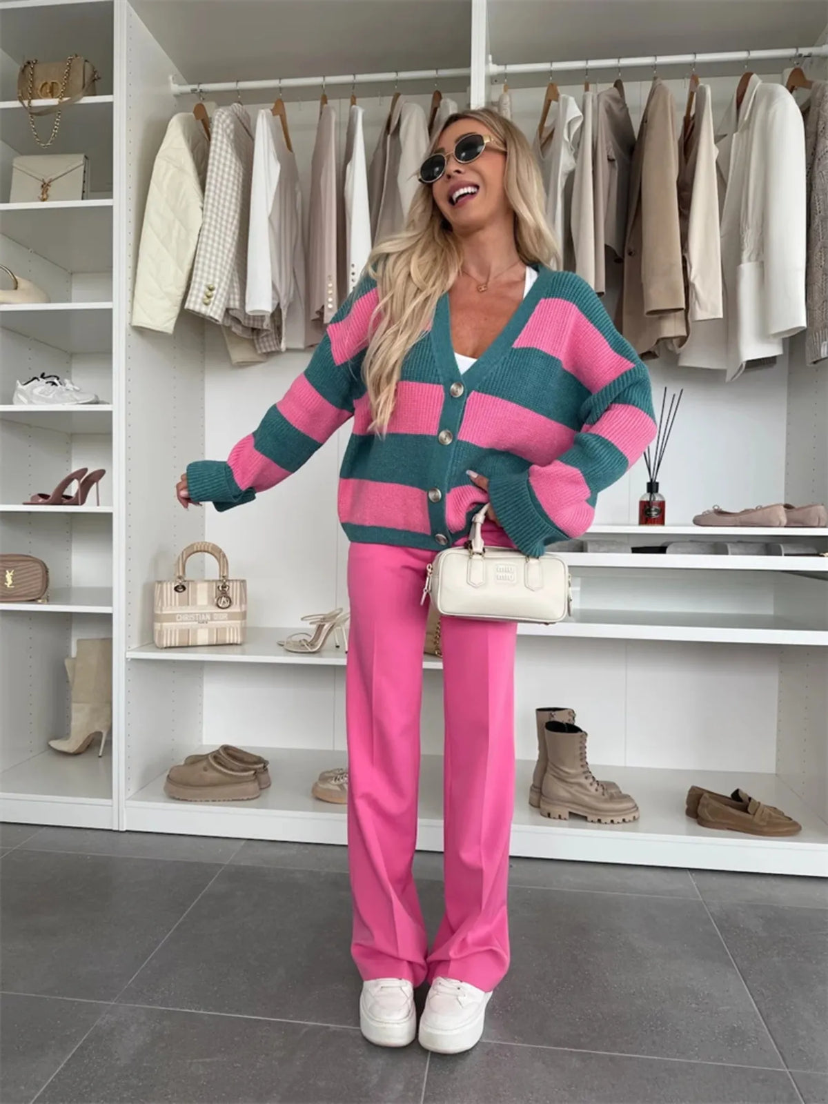 Pink and blue Color block V neck button front cardigan detail view