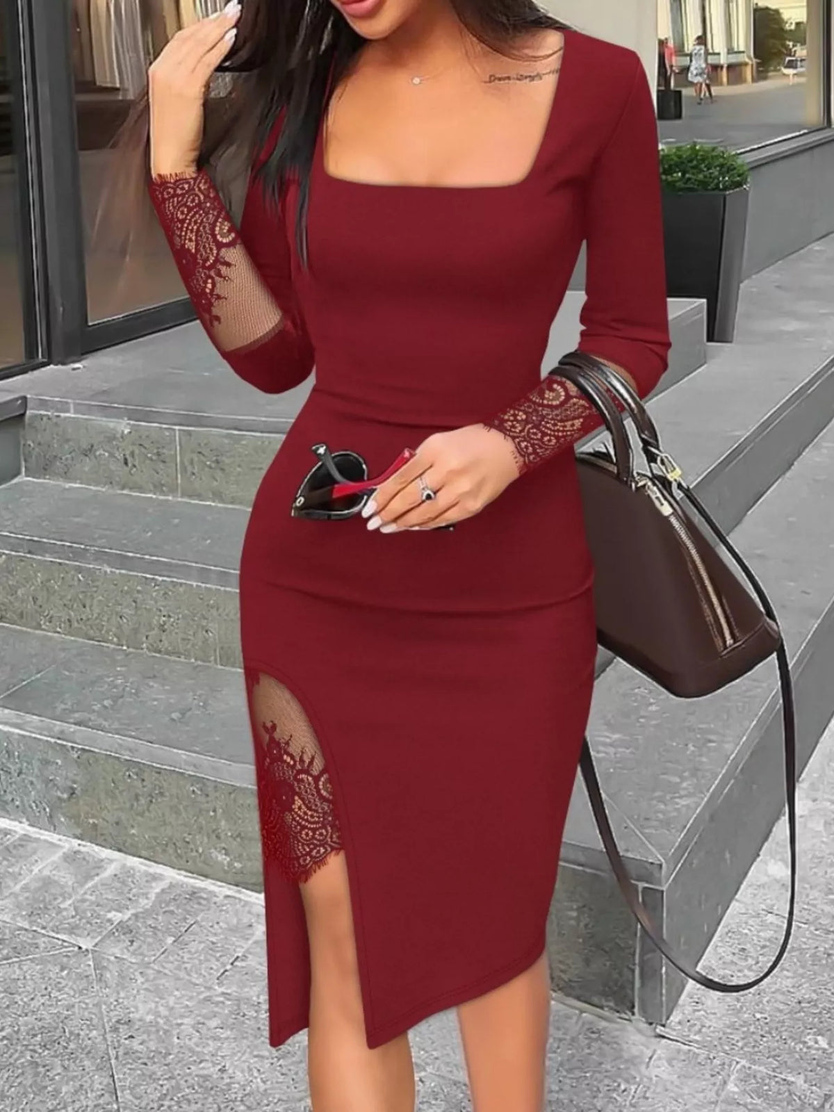 Lace square neck slit midi dress, full length styling